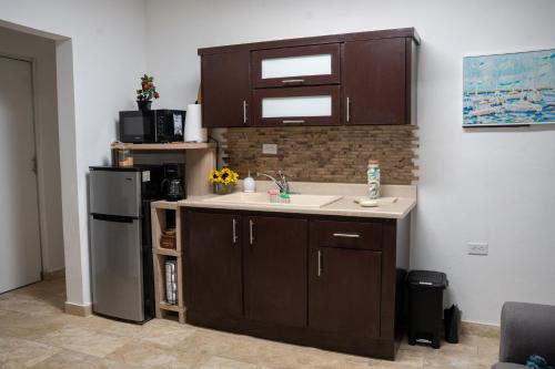 uma cozinha com um lavatório e um frigorífico em Casa Maria Luquillo PR em Luquillo