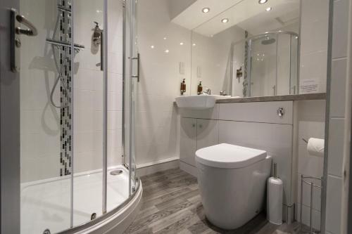 a bathroom with a shower and a toilet and a sink at The Slate in Bangor