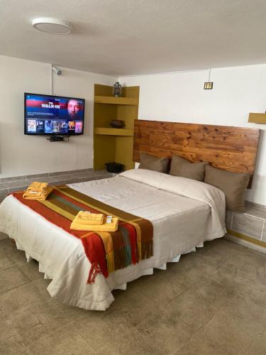 um quarto com uma cama grande e uma televisão de ecrã plano em Casa Pampa em Alta Gracia