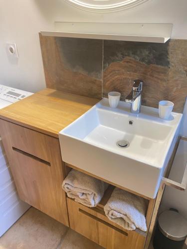 a bathroom with a white sink and wooden cabinets at Gîte cosy in Orange