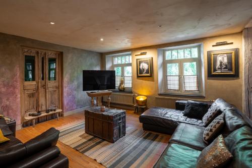 a living room with a couch and a tv at Le Nid de la Canette in Durbuy