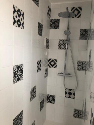 ein Bad mit einer Dusche mit schwarzen und weißen Fliesen in der Unterkunft FENUA : gite 5 chambres 10 couchages en ville in Valognes