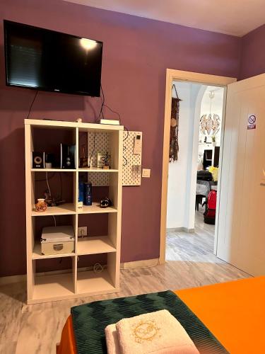 a room with a book shelf with a television on a wall at Gran Calahonda Beach near Marbella in Málaga