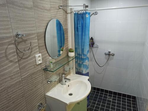 y baño con lavabo, espejo y ducha. en Koidula Holiday Home en Narva-Jõesuu