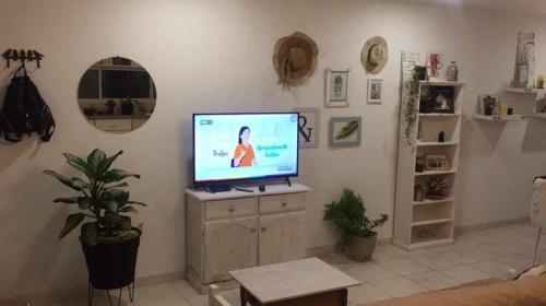 ein Wohnzimmer mit einem Flachbild-TV auf einem Schrank in der Unterkunft la escondida sol y verde in Gualeguay