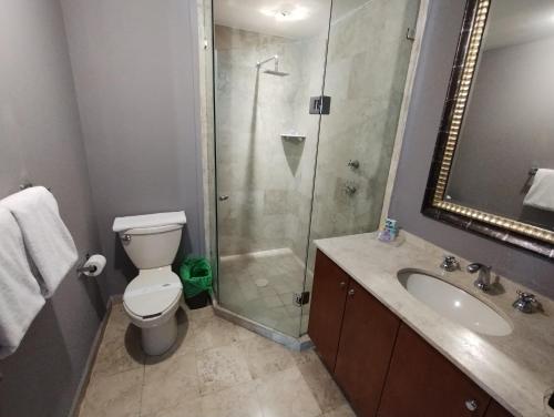 y baño con ducha, aseo y lavamanos. en Residence L´Heritage Aristóteles 140 by BlueBay, en Ciudad de México