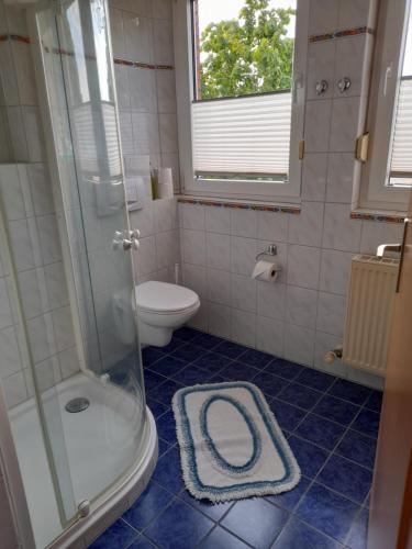 a bathroom with a toilet and a glass shower at Fewo Gr. Berßen 