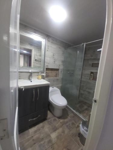 a bathroom with a sink and a toilet and a shower at Lujoso apartamento amoblado a tan solo dos cuadras del parque principal. in Santa Rosa de Cabal