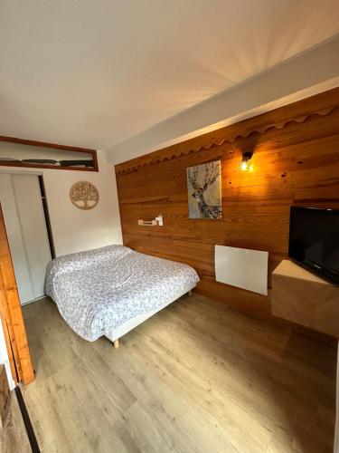 1 dormitorio con 1 cama y TV de pantalla plana en Chaleureux logement centre Valmeinier 1800 avec Piscine -Vue Montagne - 6 personnes, en Valmeinier