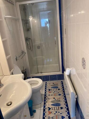 a bathroom with a shower and a toilet and a sink at Studio Cosy in Saint-Quay-Portrieux