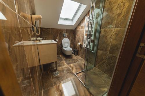 a bathroom with a toilet and a shower and a sink at Apartmanski smestaj King Bo in Niš