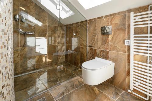 a bathroom with a toilet and a shower at Apartmanski smestaj King Bo in Niš