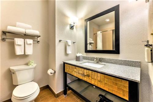 a bathroom with a toilet and a sink and a mirror at Holiday Inn Express & Suites Houston East - Baytown, an IHG Hotel in Baytown