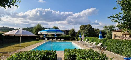 a swimming pool with umbrellas and lounge chairs and a pool at Agriturismo il Canneto in Casole dʼElsa