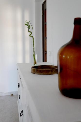 a vase sitting on a white counter with a plant in it at Quinta Ribeirinha - Lagos in Lagos