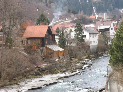 a river in a town with a house next to a river at Casa Mia in Sankt Georgen ob Murau