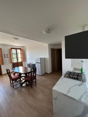 a kitchen and dining room with a table and a stove at Agriturismo Poggio Ajano in Abbazia di Santa Maria in Selva