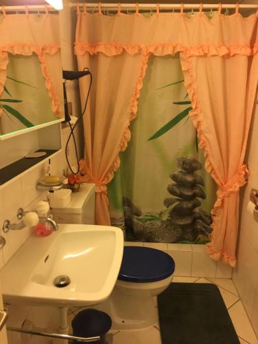 un baño con inodoro y lavabo en Double room in nice house near the forest (basement floor), en Brügg