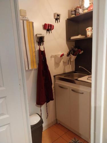 une petite cuisine avec un évier et une cuisinière dans l'établissement Gite de la Piegerie, à Courgenard