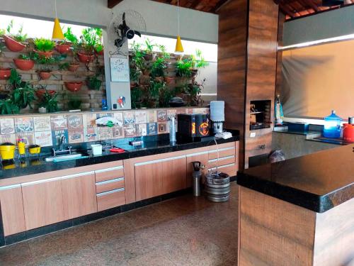 a kitchen with lots of plants on the wall at Casa de Campo com Wi-Fi churrasq e piscina em MG in Lagoa Santa