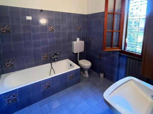 フォルテ・デイ・マルミにあるVilla Chiaraの青いタイル張りのバスルーム(バスタブ、トイレ付)