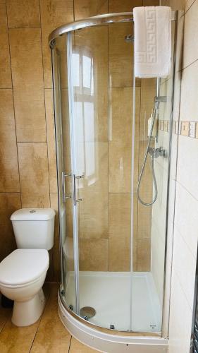 bagno con doccia e servizi igienici. di Sinai Hotel a Londra
