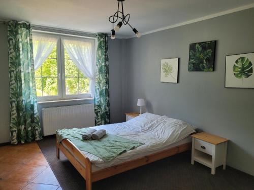 um quarto com uma cama e uma janela em Dom Majka z 5 sypialniami em Szklarska Poręba