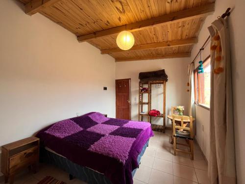 1 dormitorio con cama morada y techo de madera en LA MULITA HUMAHUACA en Humahuaca