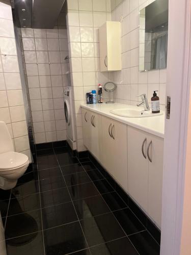 a bathroom with a sink and a toilet at Skøn centralt beliggende lejlighed m.tagterrasse in Herning