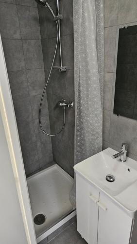 y baño con ducha y lavamanos. en Fantastic renovated studio in Paris, en París