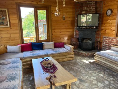 uma sala de estar com um sofá e uma lareira em Guesthouse Pogradec em Pogradec