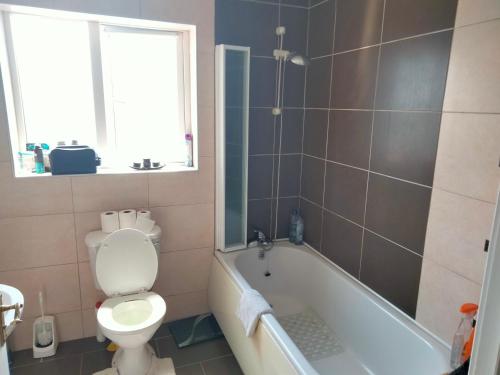 a bathroom with a toilet and a bath tub at 19 Doran Close in Donegal