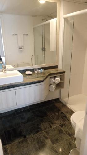 a bathroom with a sink and a mirror and a toilet at Oscar Freire Hotel RDS Jardins in São Paulo