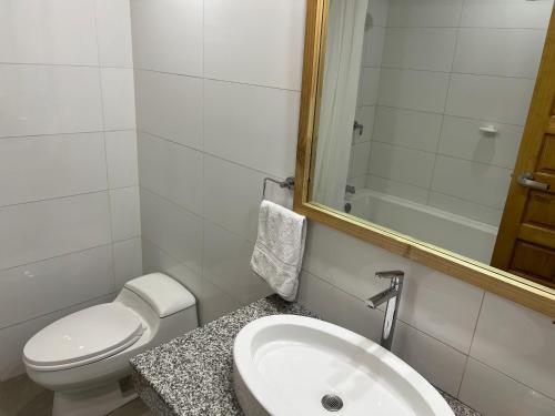 a bathroom with a toilet and a sink and a mirror at Hotel Balistra in Ica