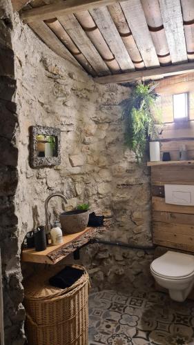 a stone bathroom with a toilet and a sink at Noccemada "Spirit of Bali" Lodge, Pool & Spa in Saint-Julien