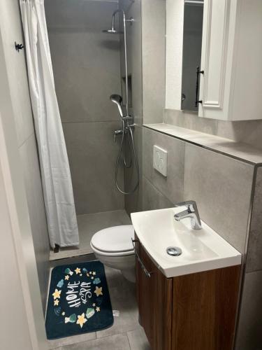 a bathroom with a toilet and a sink and a shower at Aurela Home in Murg