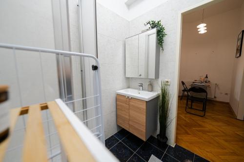 uma casa de banho com um lavatório e um espelho em Napwell em Graz