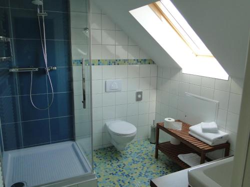 a bathroom with a shower and a toilet and a sink at Pension Villa am Burgberg in Waltershausen