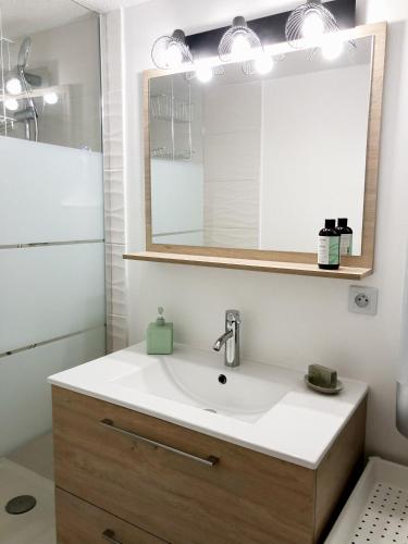 une salle de bain avec un lavabo et un miroir dans l'établissement Charmant 3pieces, 2chambres 6personnes, terrasse proche mer port et commerces, à Carqueiranne