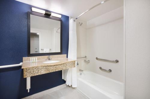 ein Badezimmer mit einem Waschbecken, einer Badewanne und einem Spiegel in der Unterkunft Fairfield Inn & Suites By Marriott Hinesville Fort Stewart in Hinesville