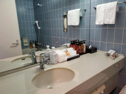 a bathroom counter with a sink and a mirror at Grand Prince Hotel Hiroshima in Hiroshima