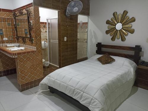 - une chambre avec un lit, une douche et un lavabo dans l'établissement San Francisco Plaza Real, à Bucaramanga
