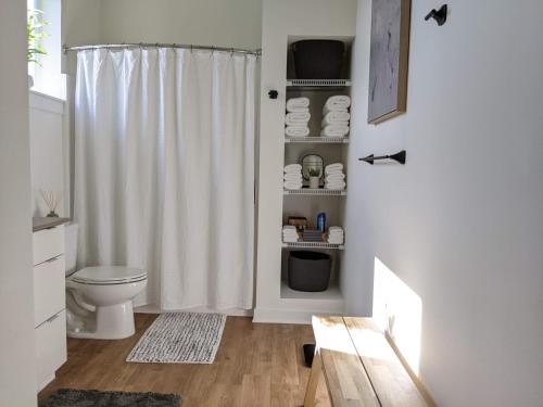 y baño con aseo y cortina de ducha. en A premier luxurious smart condo with parking, en Seattle