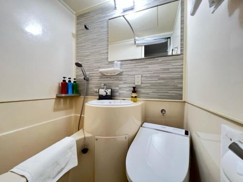 a small bathroom with a toilet and a sink at Morioka City Hotel in Morioka