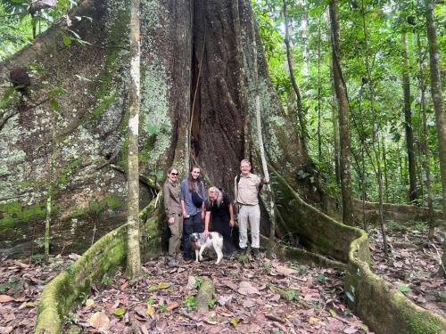 a group of people and a dog standing in front of a tree at Tambopata Edosikiana Lodge in Tambopata
