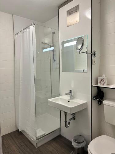 ein Bad mit einer Dusche, einem Waschbecken und einem WC in der Unterkunft an Hotel in Selm