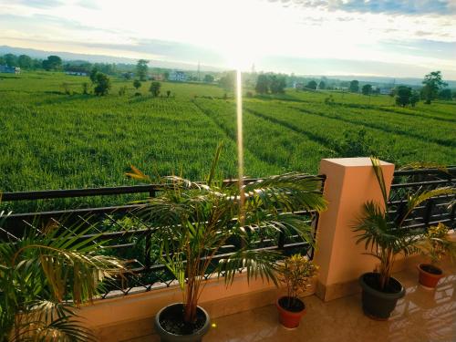a balcony with potted plants and a view of a field at Airport Luxury Nature Valley Homestay in Doiwāla