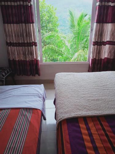 two beds in a room with a window at Misty View Inn in Ella
