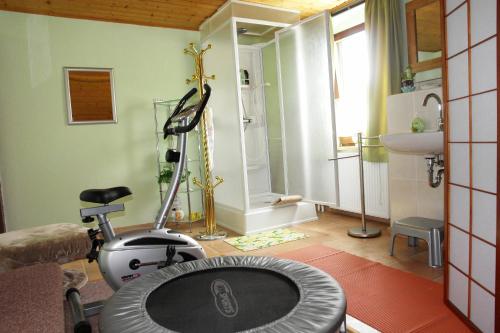 a room with a gym with a exercise bike and a sink at Ferienwohnung Bimmelbahn-Blick in Neudorf