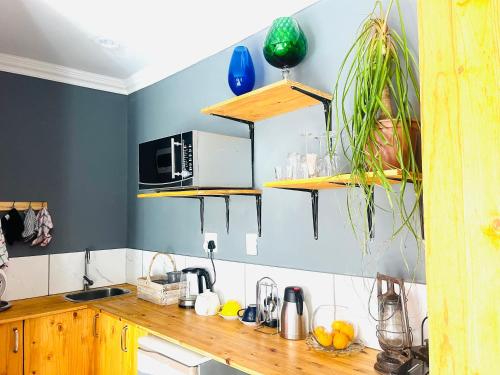 cocina con paredes azules y encimeras de madera en Bird Song en Roodepoort